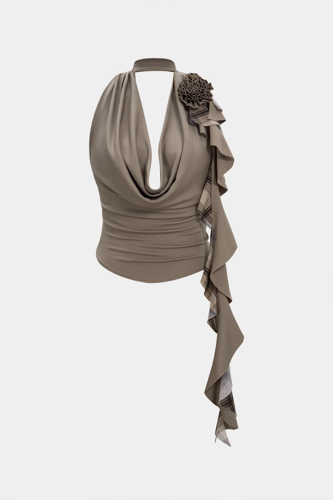 Mesh Patchwork Halter Draped Cowl Neck Strappy 3D Flower Cami Top - Flockneti