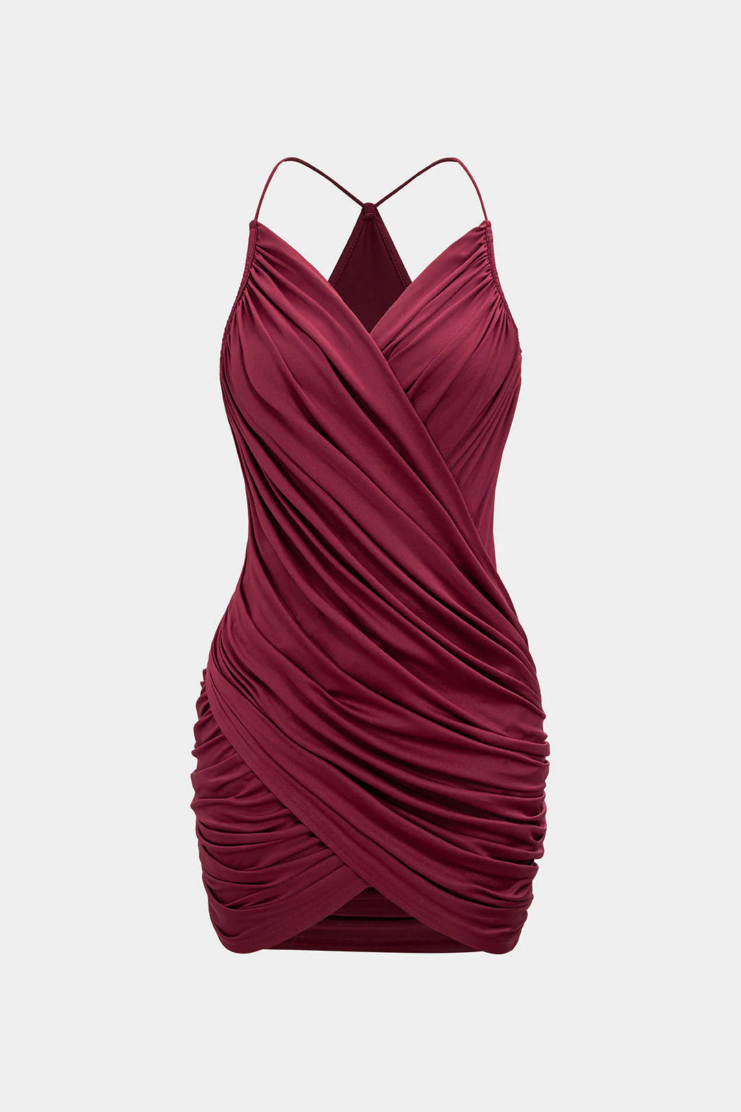 Crossed V-Neck Backless Ruched Sleeveless Mini Dress - Flockneti