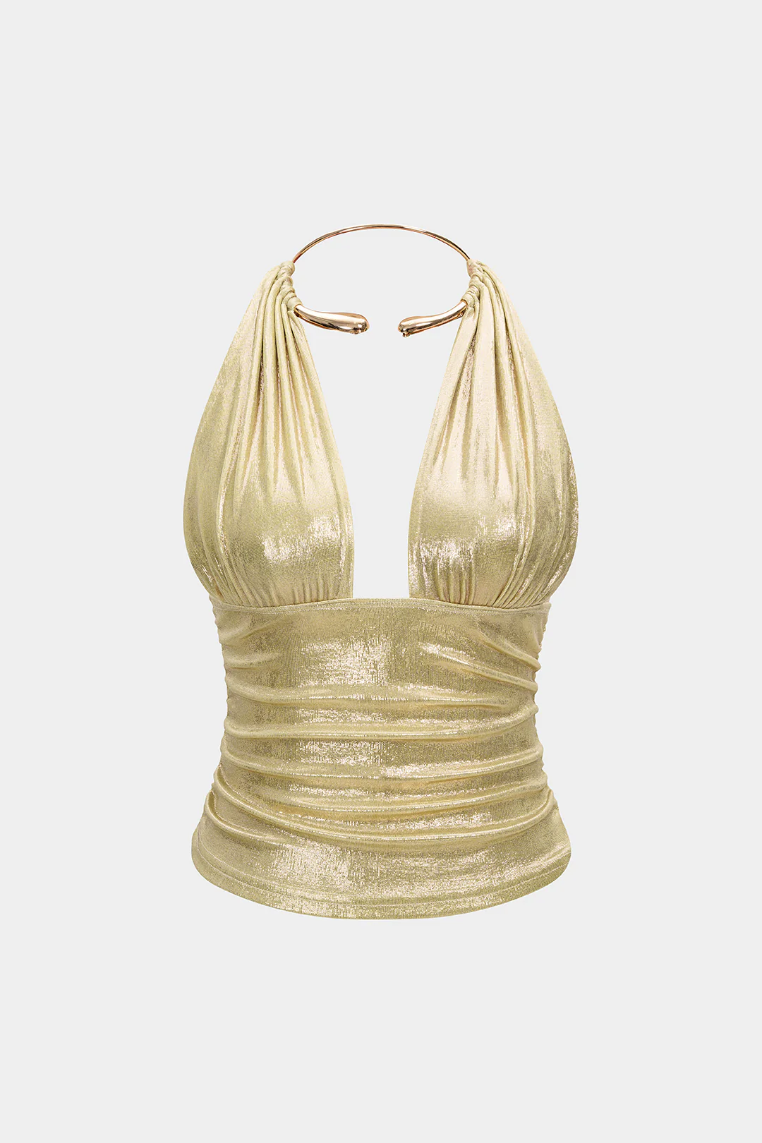 Metallic Ring Halter Backless Ruched Top - Flockneti