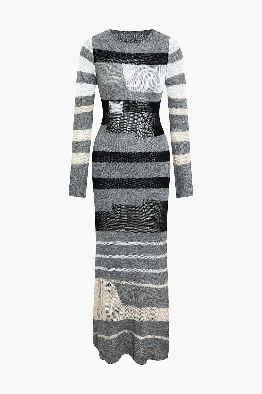 Contrast Long Sleeve Round Neck Open Knit Maxi Dress - Flockneti
