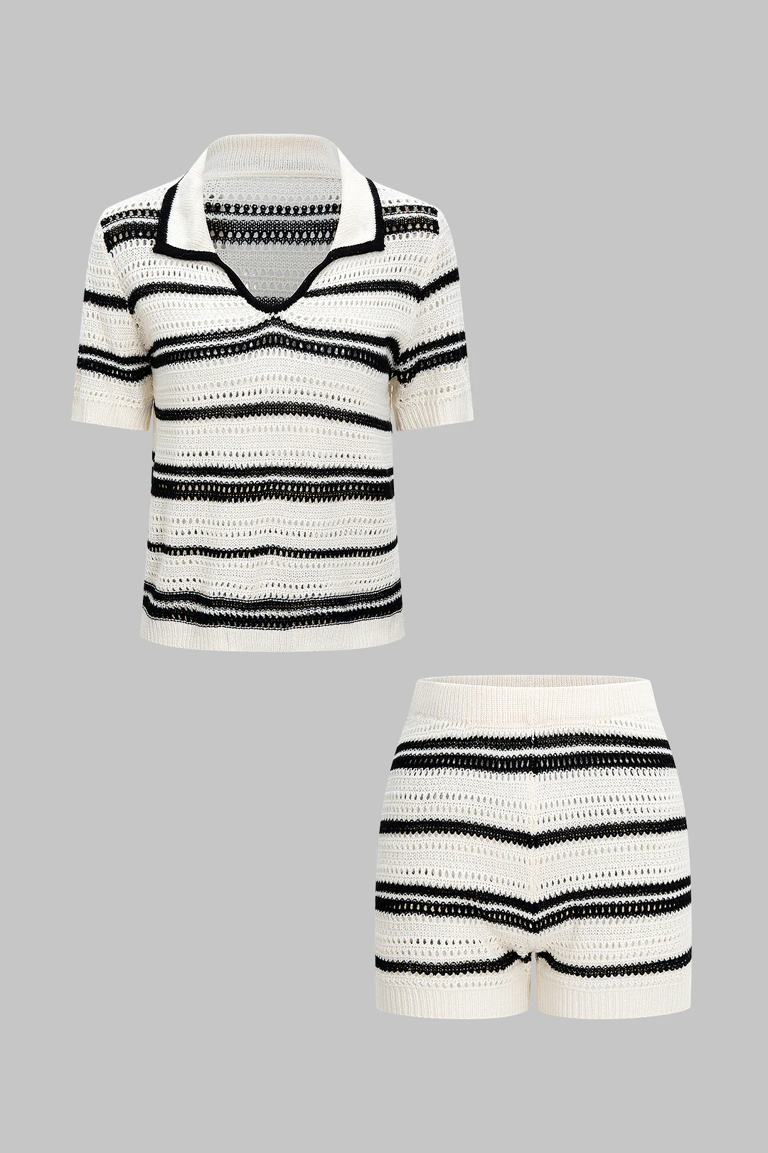 Knit Crochet Contrast Short Sleeve And Shorts Set - Flockneti