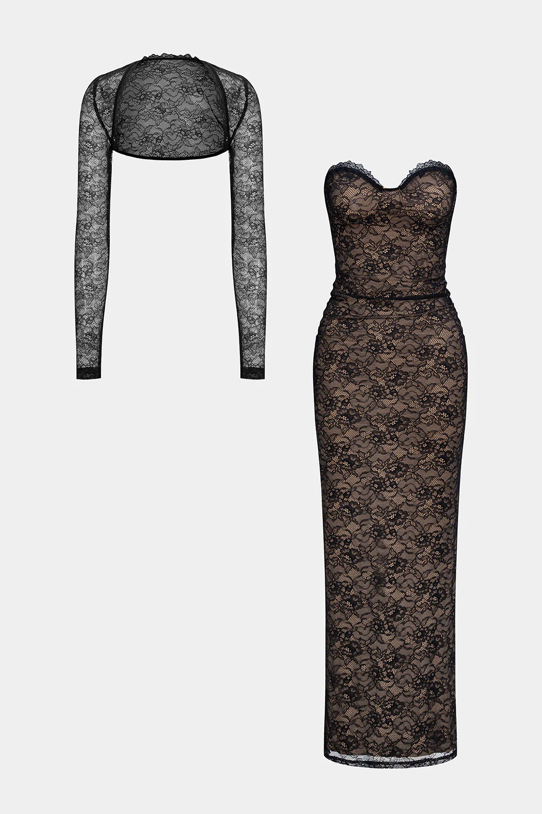 Lace Patchwork Long Sleeve Cardigan And Strapless Dress Set - Flockneti
