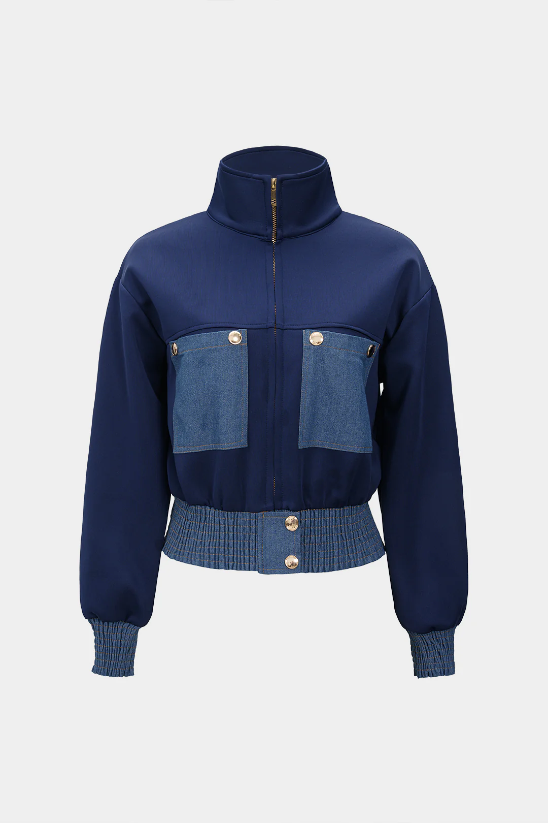 Contrast Print Denim Patchwork Smocked Zipper Jacket - Flockneti