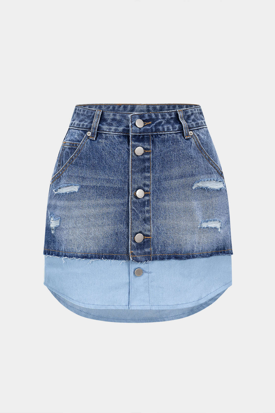 Denim Buttons Washed Ripped Patchwork Skirt - Flockneti
