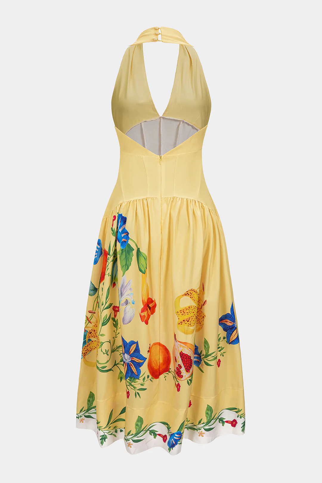 Floral Print Linen Patchwork Halter V-Neck Backless Sleeveless Maxi Dress - Flockneti