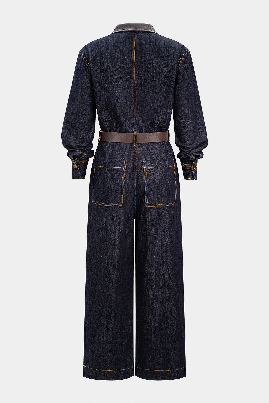 Denim Faux Leather Patchwork Belted Long-Sleeve Jumpsuit - Flockneti
