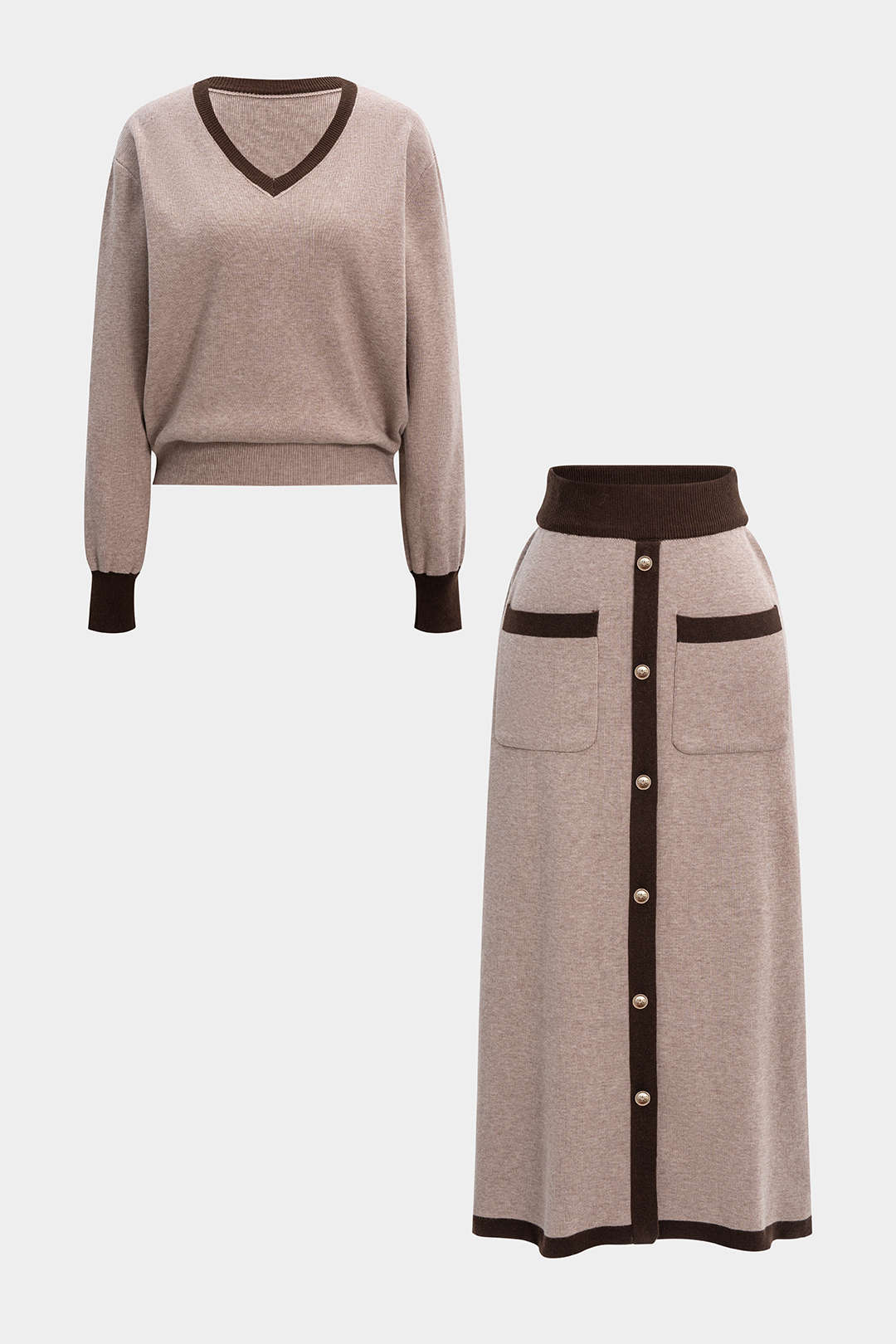 Knit Contrast V-Neck Long-Sleeve Top And Button Skirt Set - Flockneti