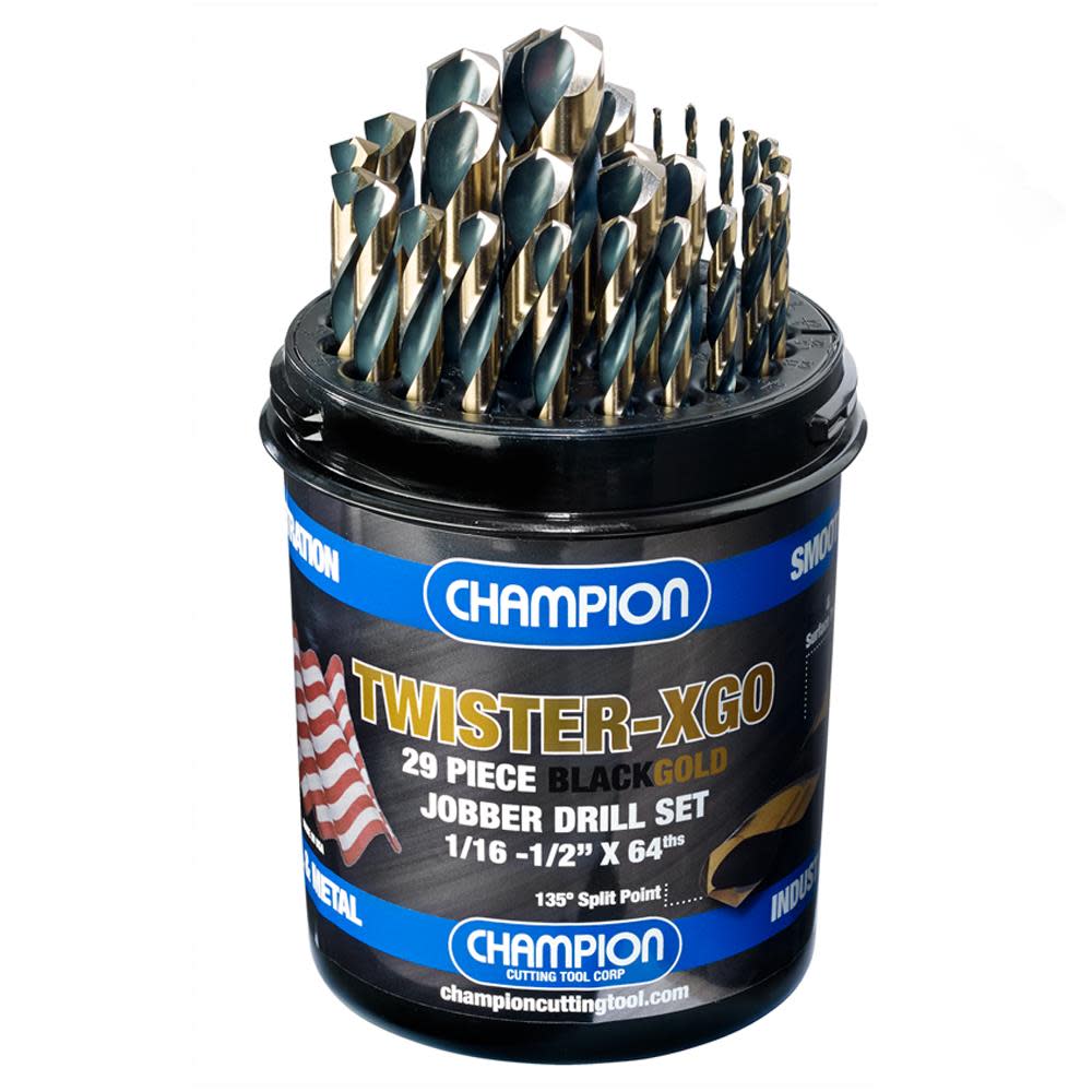 Champion Cutting Tool TWISTER-XGO 29 Piece Black & Gold Jobber Drill Bit Set 1/16-1/2 In. x 64ths - Flockneti