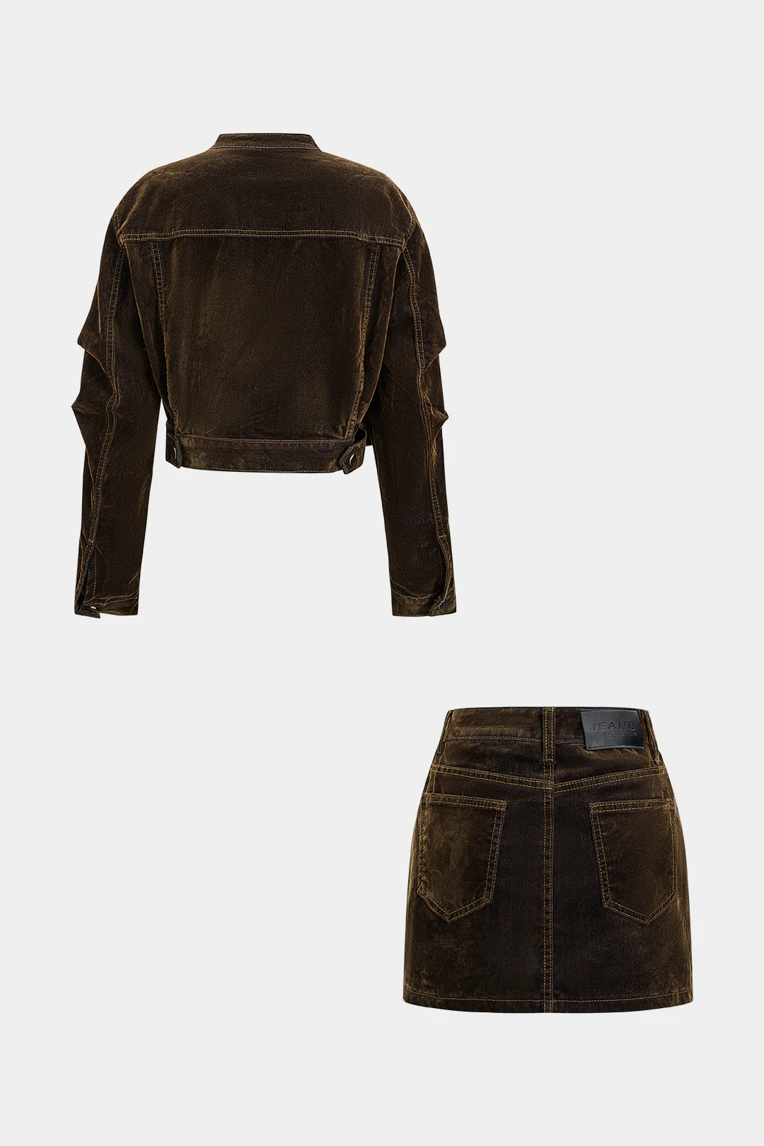 Denim Zipper Long-Sleeve Cropped Jacket And Mini Skirt Suit - Flockneti