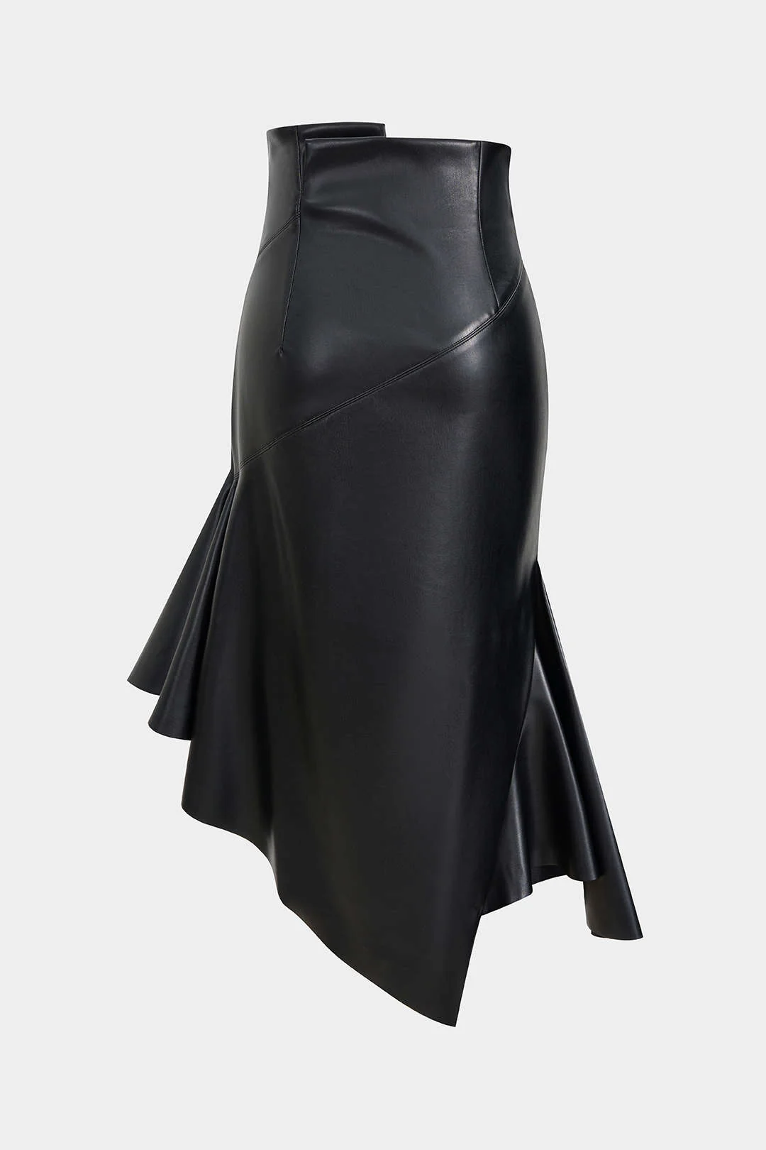 Faux Leather Asymmetrical Hem Ruched Skirt - Flockneti