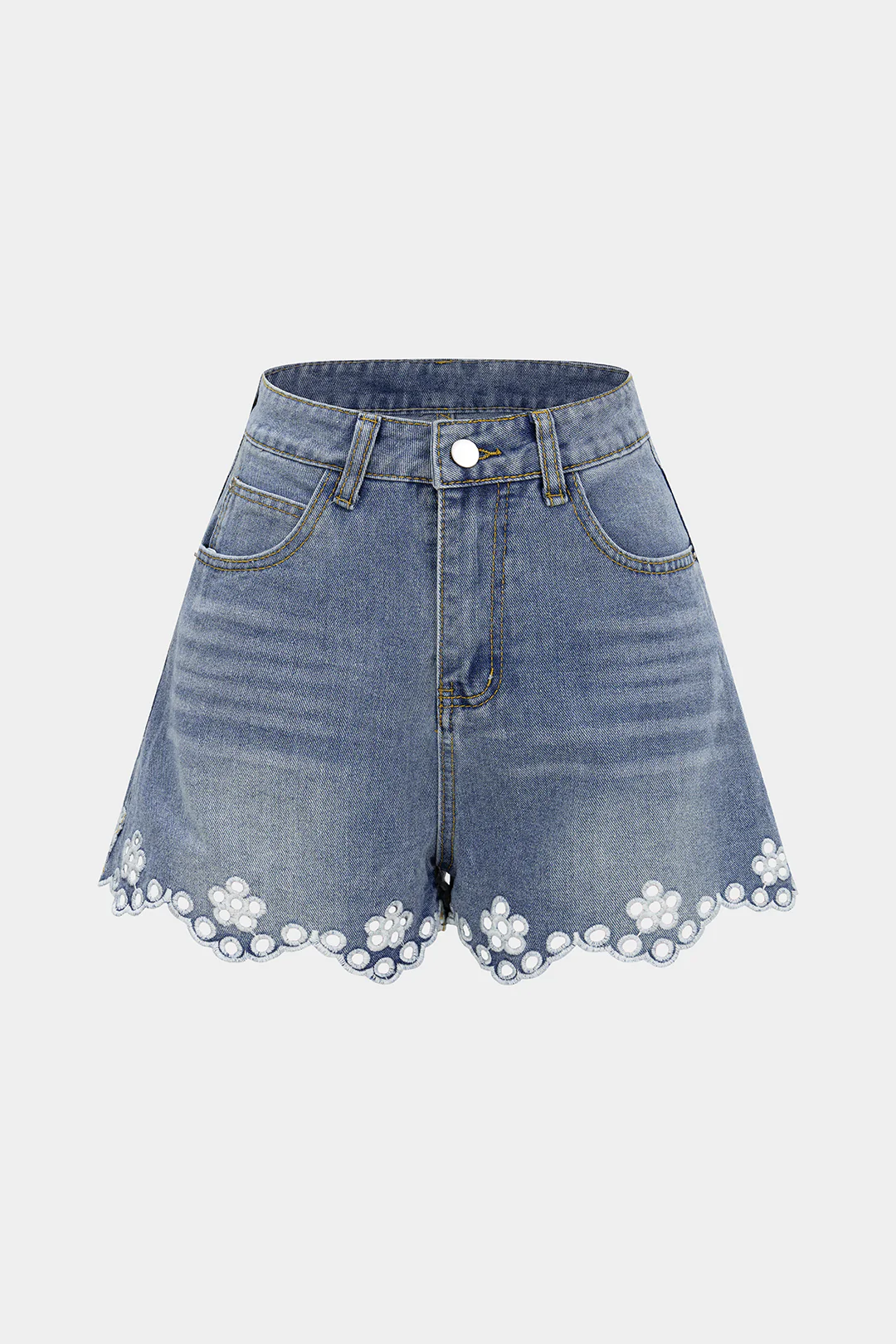 Denim Hollow Out Embroidery Floral Shorts - Flockneti
