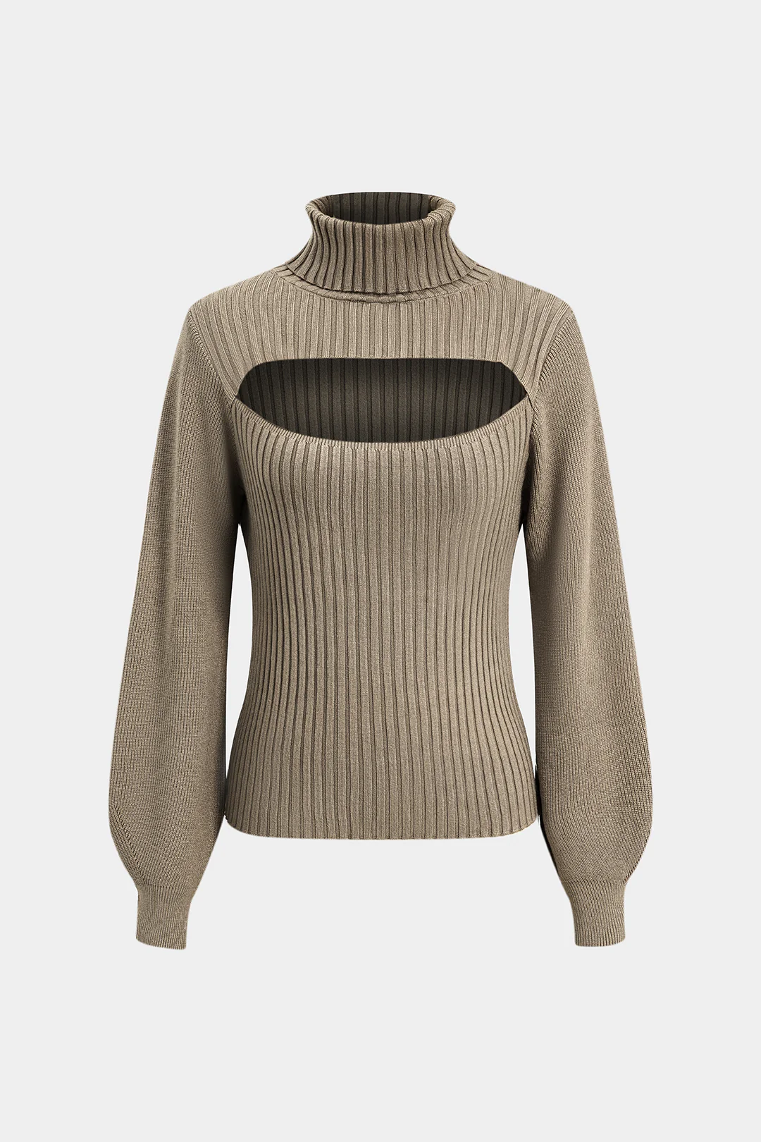 Cut Out Turtleneck Ribbed Long-Sleeve Top - Flockneti