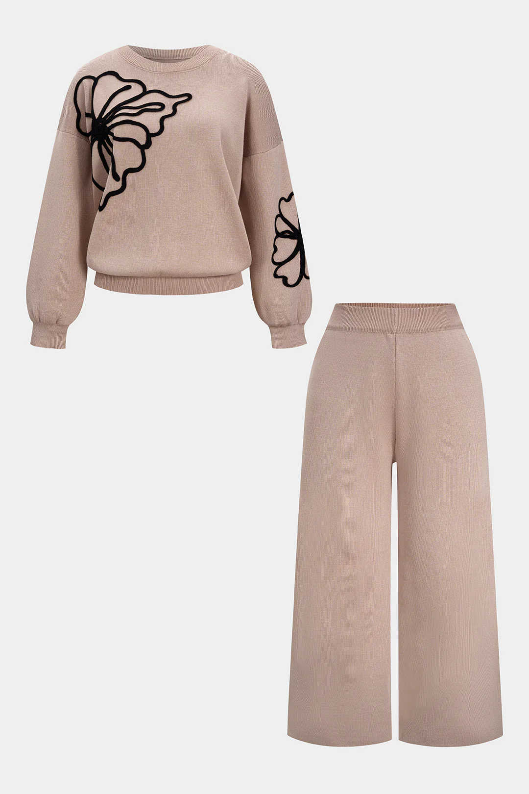 Plus Size Knit Round Neck Embroidery Long-Sleeve Top And Wide Leg Pants Set - Flockneti