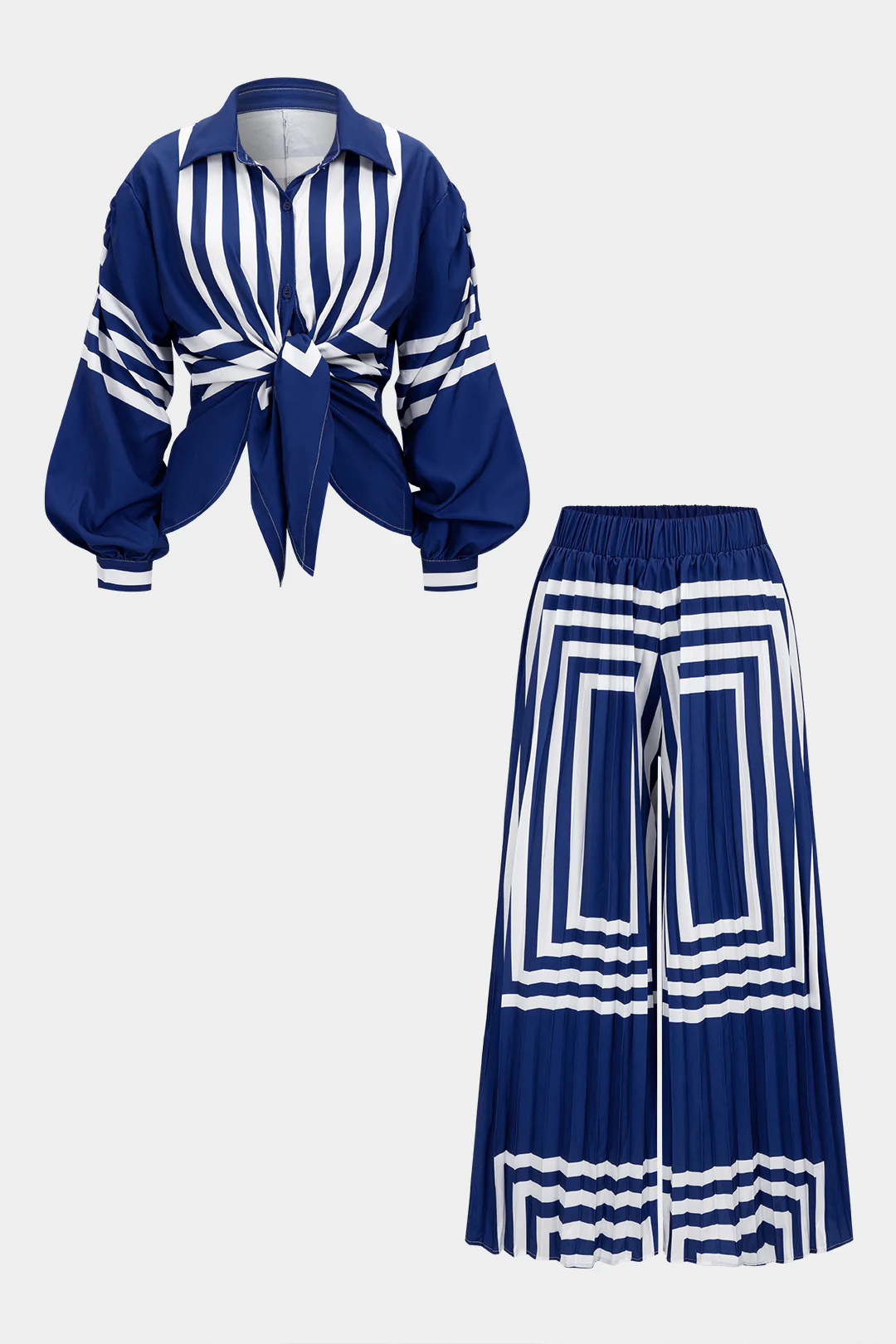 Plus Size Stripes Print Tie-Up Long-Sleeve Shirt And Pleated Wide Leg Pants Set - Flockneti