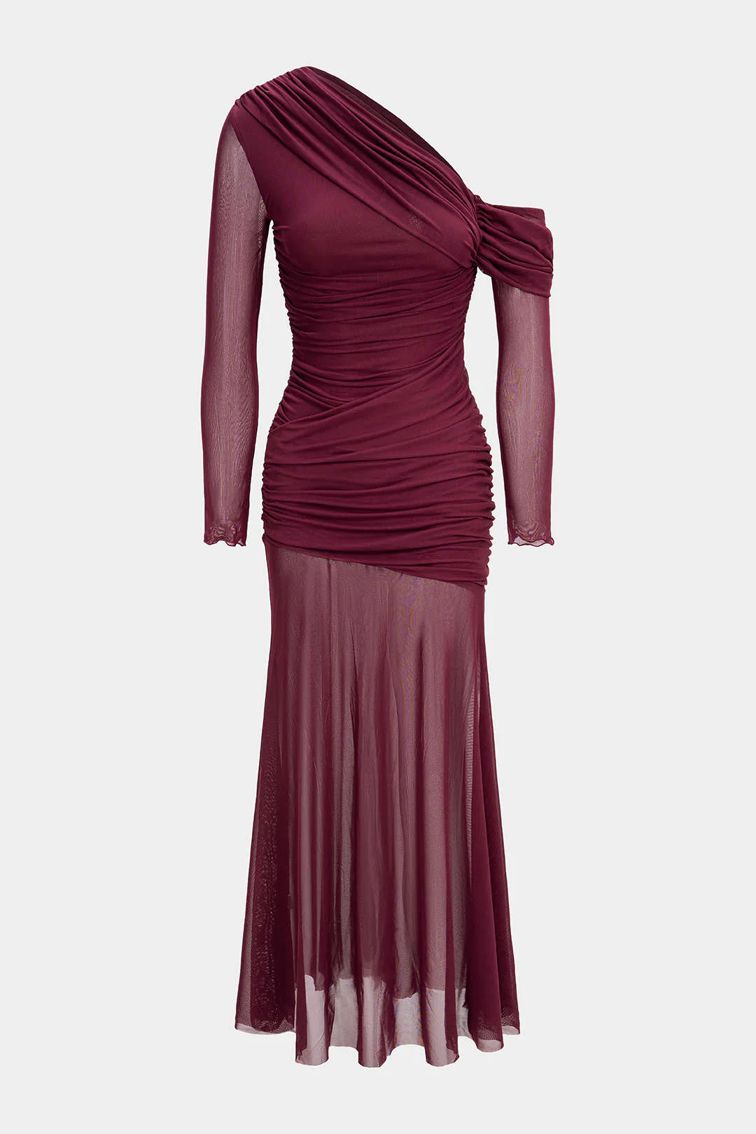 Mesh Patchwork Ruched Long Sleeve Maxi Dress - Flockneti