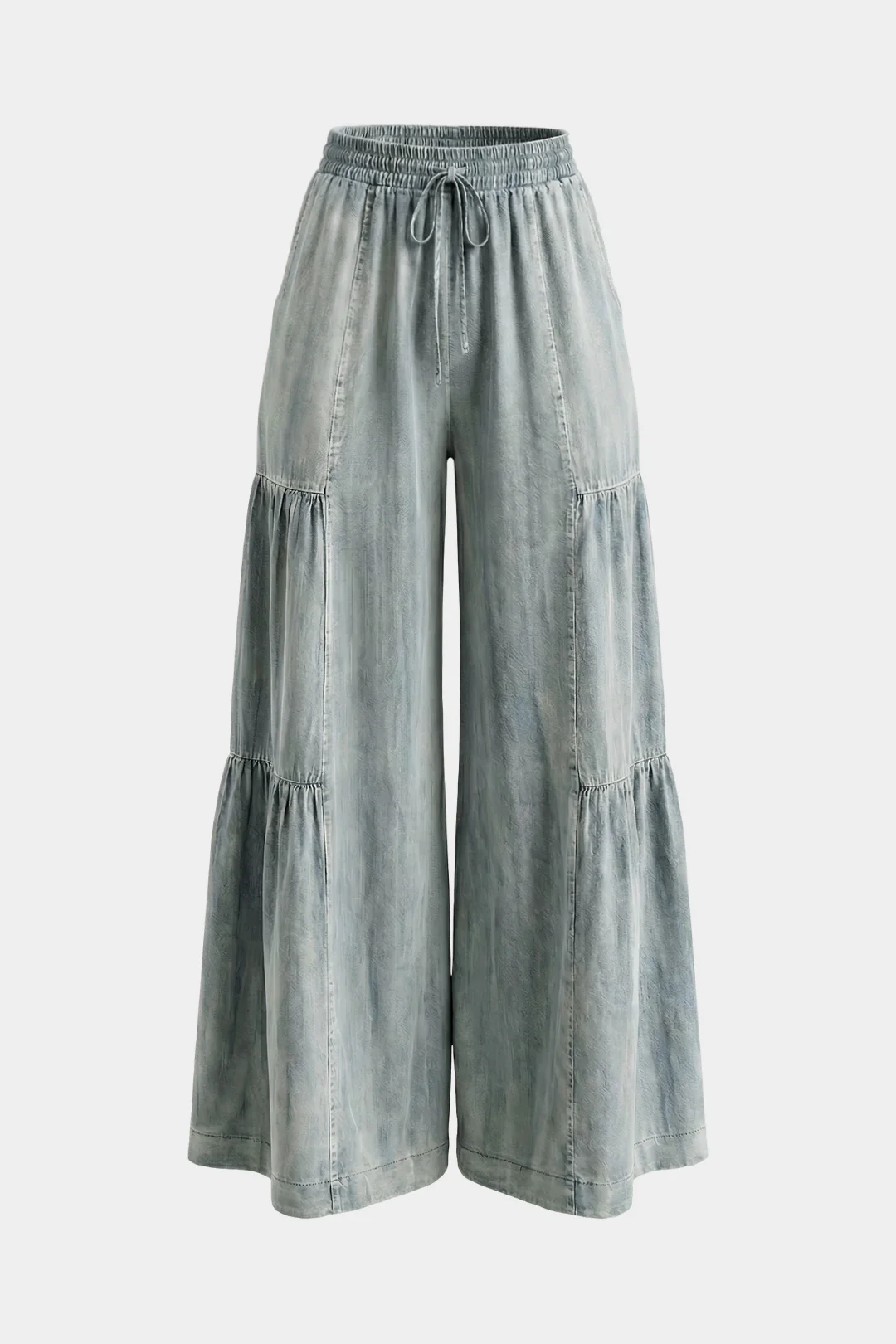 Denim Drawstring Shirred Waistband Wide Leg Jeans - Flockneti