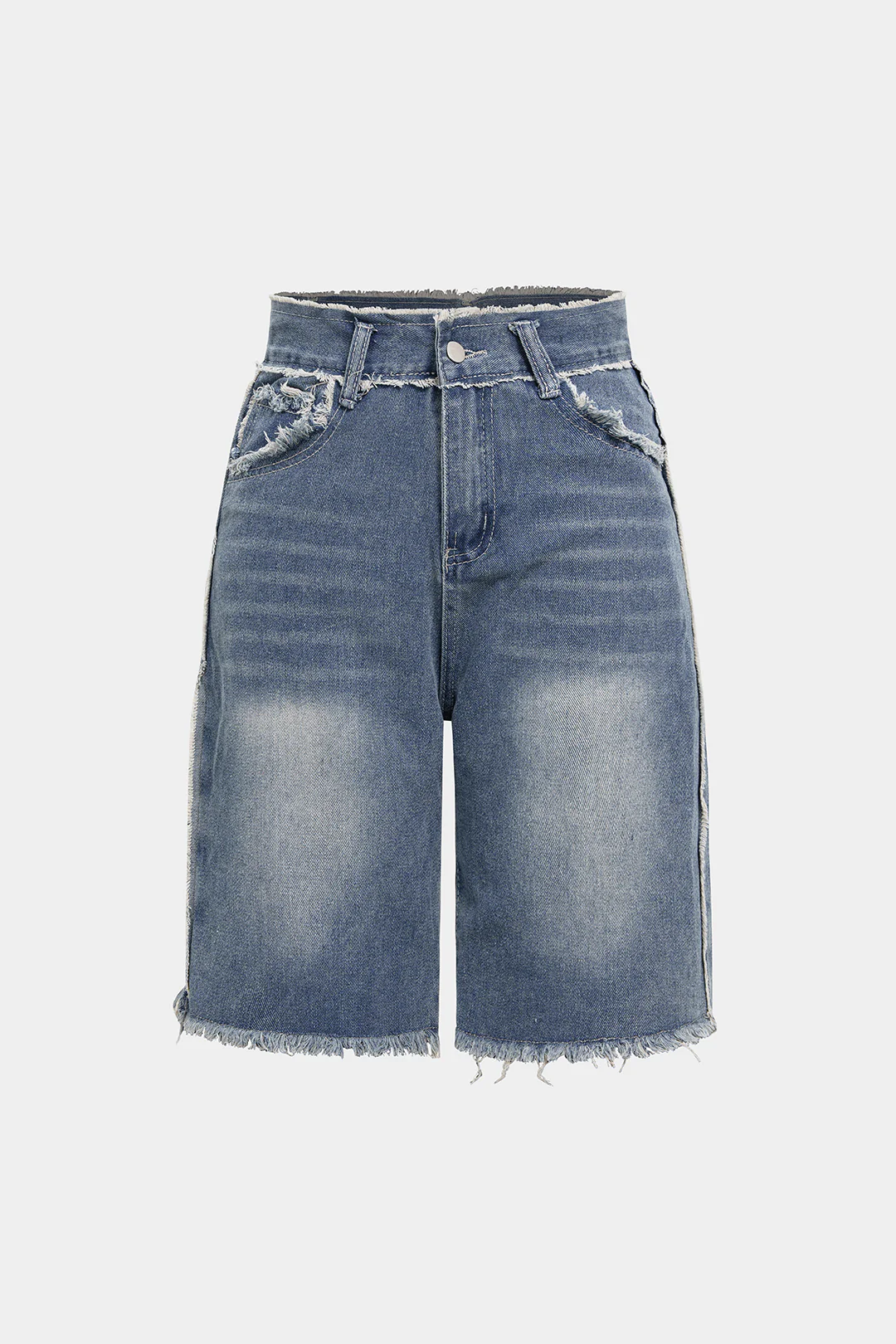 Denim Frayed High Waist Straight Leg Shorts - Flockneti