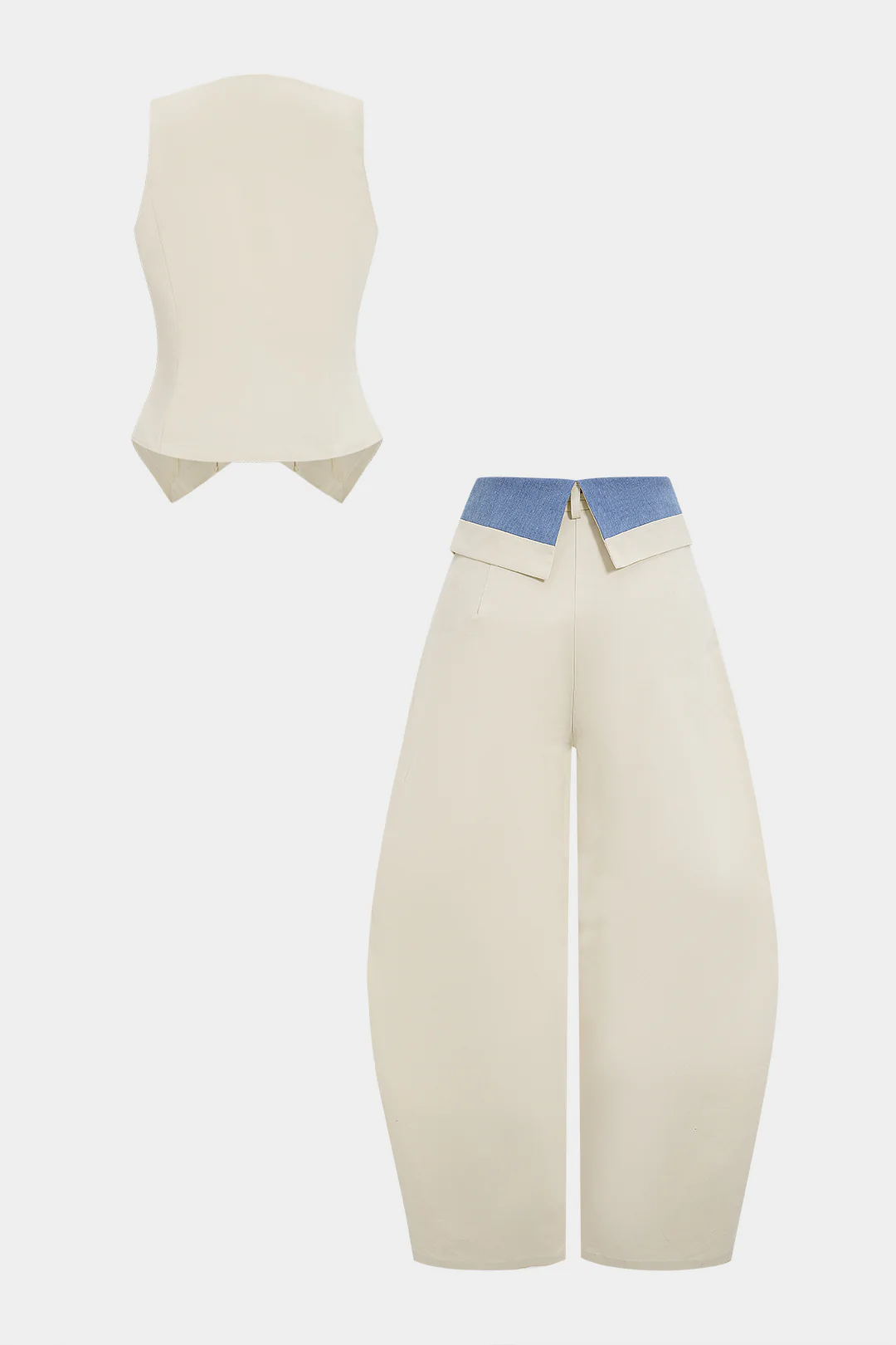 Denim Button Vest And Contrast Drawstring Barrel Trousers Set - Flockneti