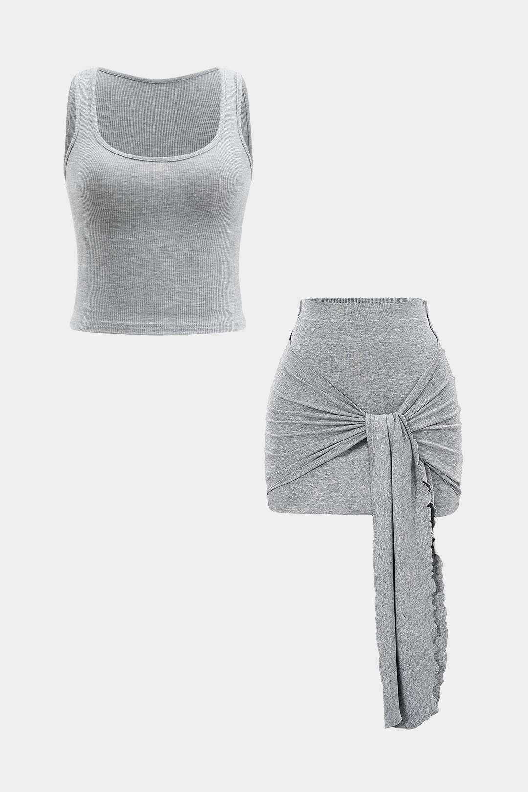 Solid Sleeveless Tank Top And Ruched Tie Front Skirt Set - Flockneti