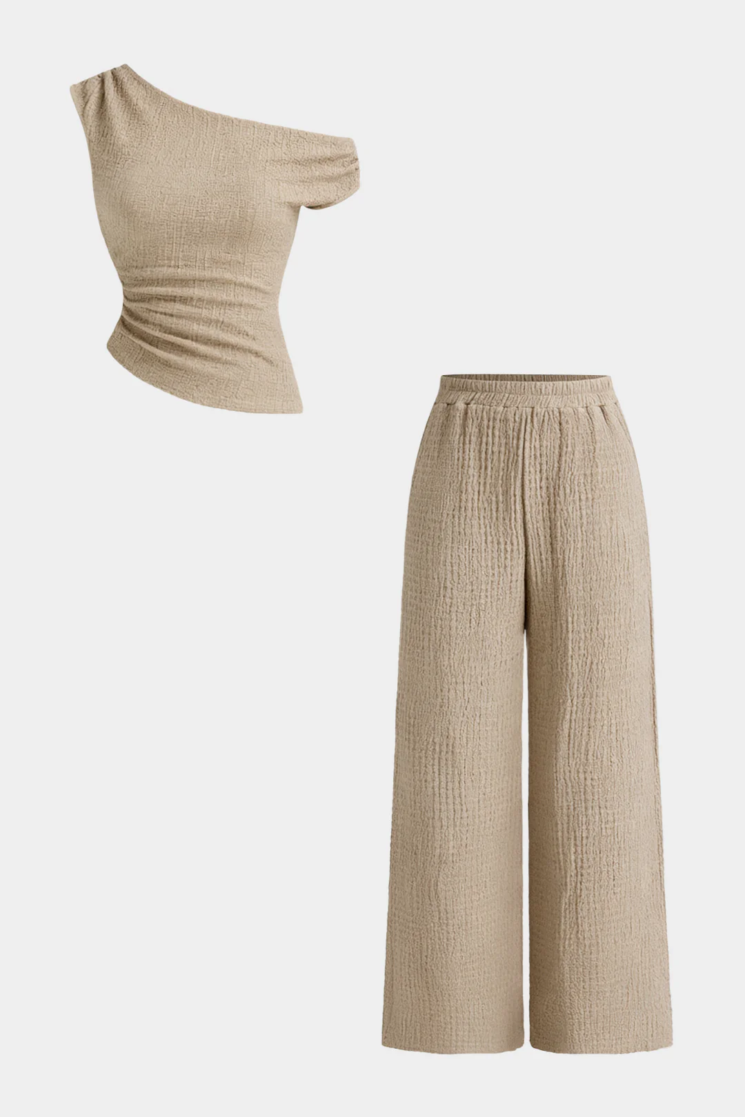 Textured One-Shoulder Ruched Top And Elastic Waistband Wide-Leg Pants Set - Flockneti