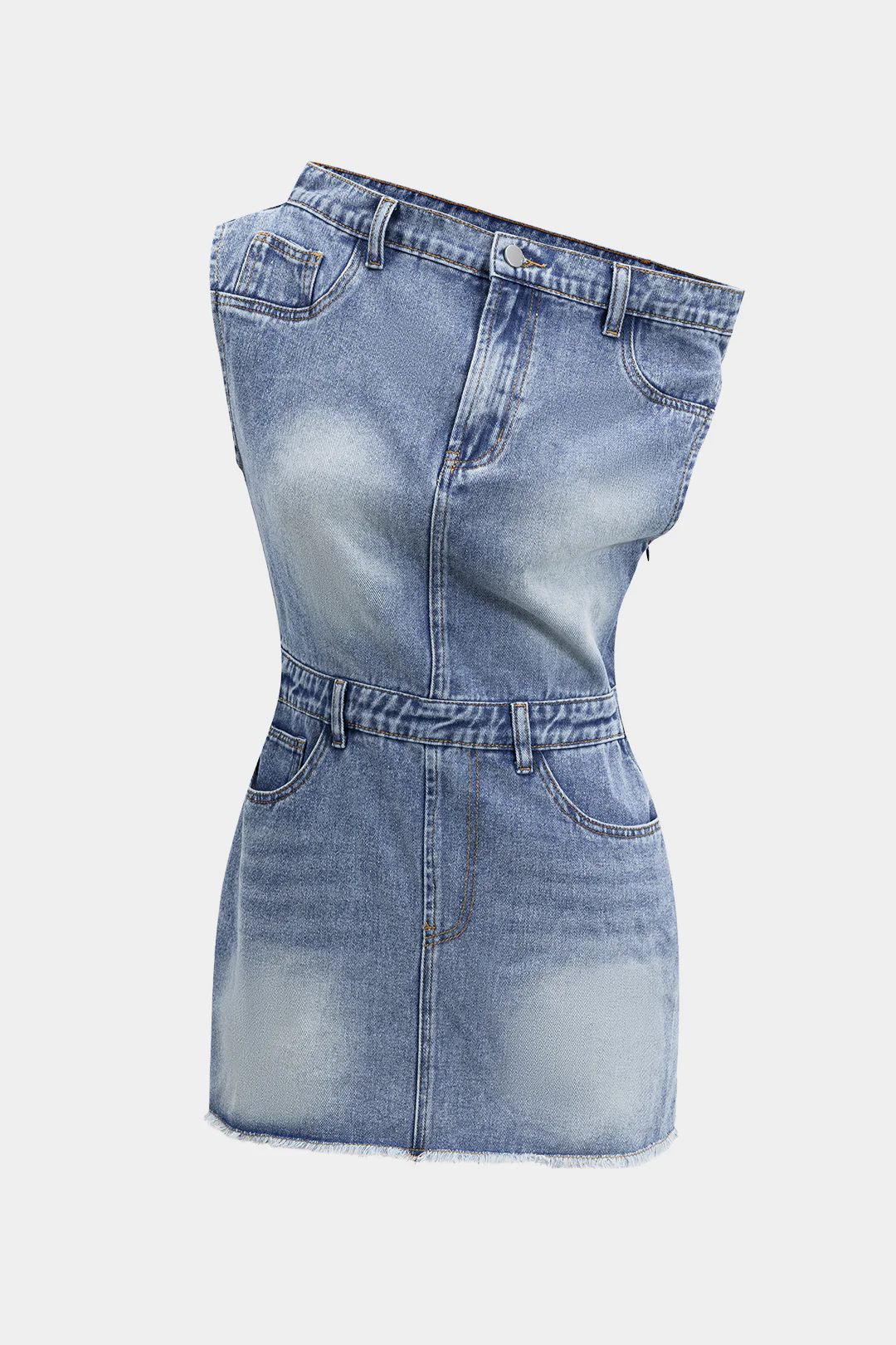 Denim Asymmetric Neckline Mini Dress - Flockneti