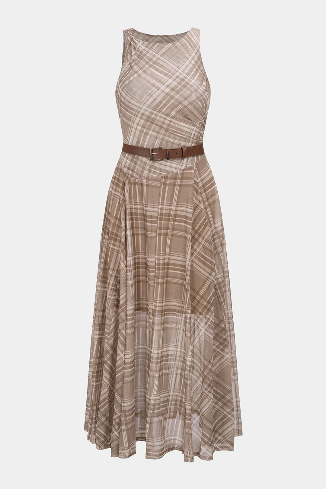 Plaid Print Mesh Twist Knot Round Neck Belted Sleeveless Midi Dress - Flockneti