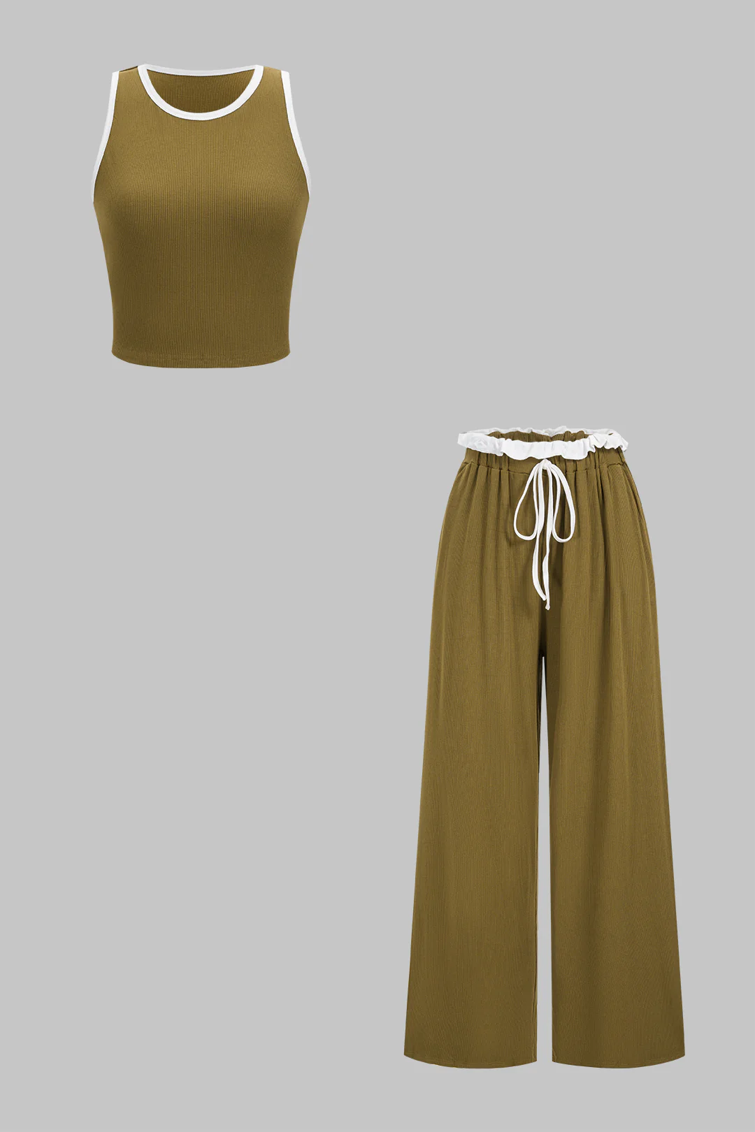 Contrast Round Neck Tank Top And Scallop Edge Drawstring Pants Sets - Flockneti