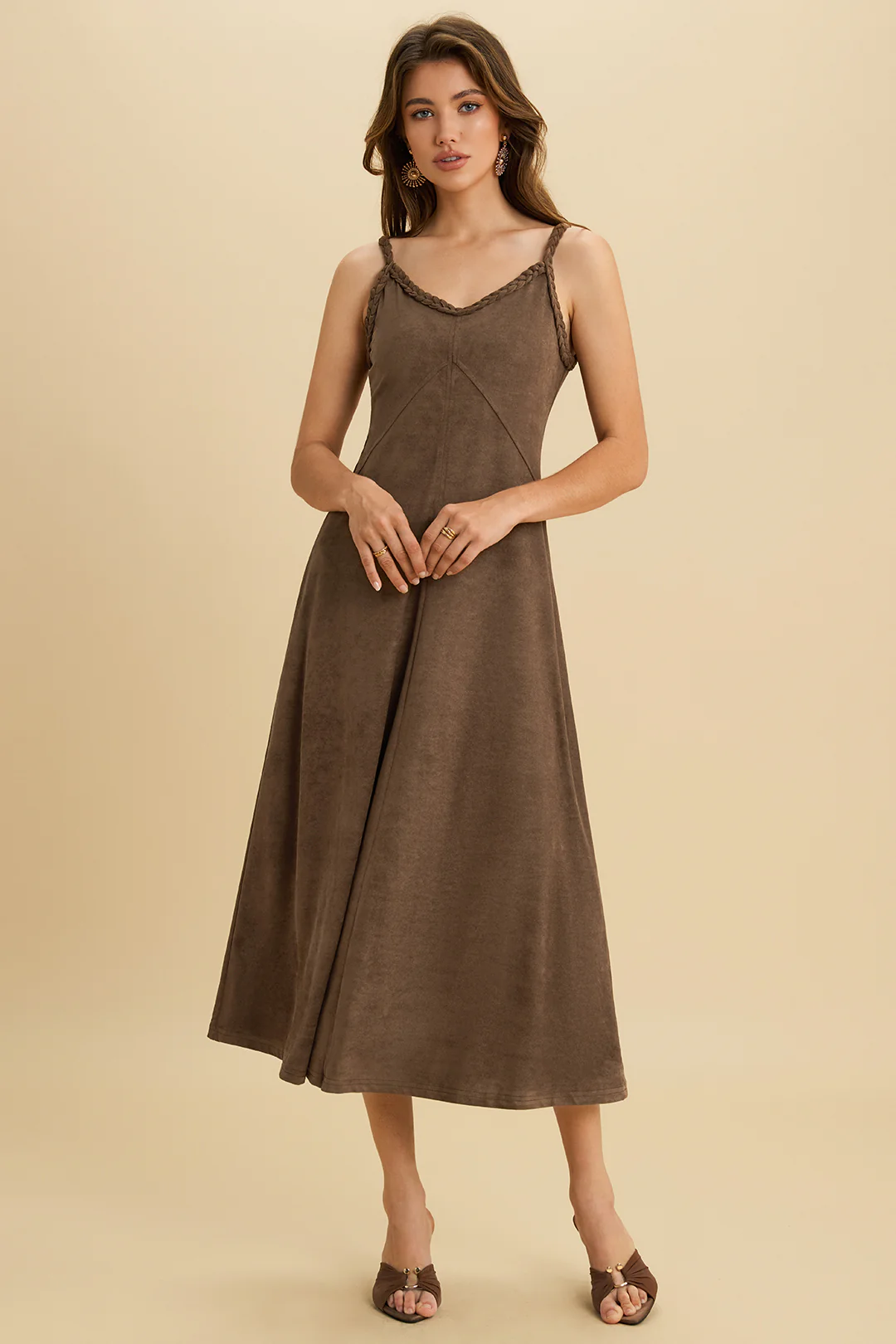 Suede Twist Knot Ruched Sleeveless Dress - Flockneti
