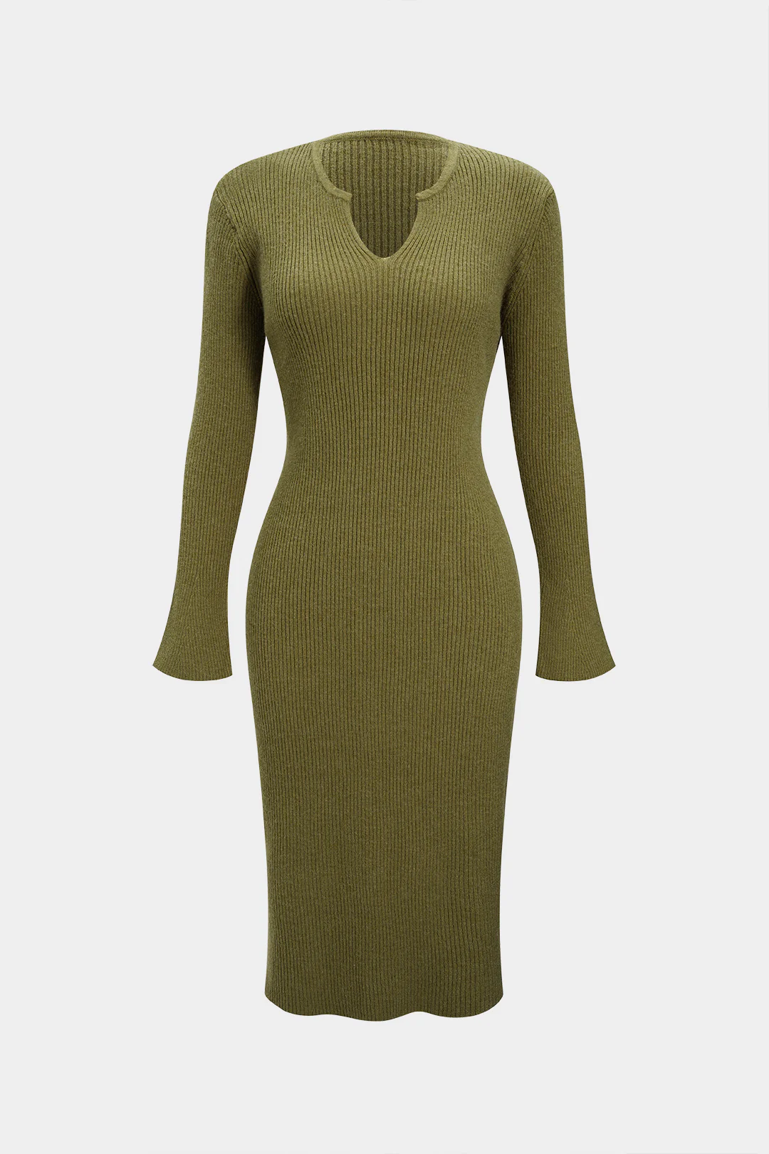 Knit Solid V-Neck Bell Long Sleeve Dress - Flockneti