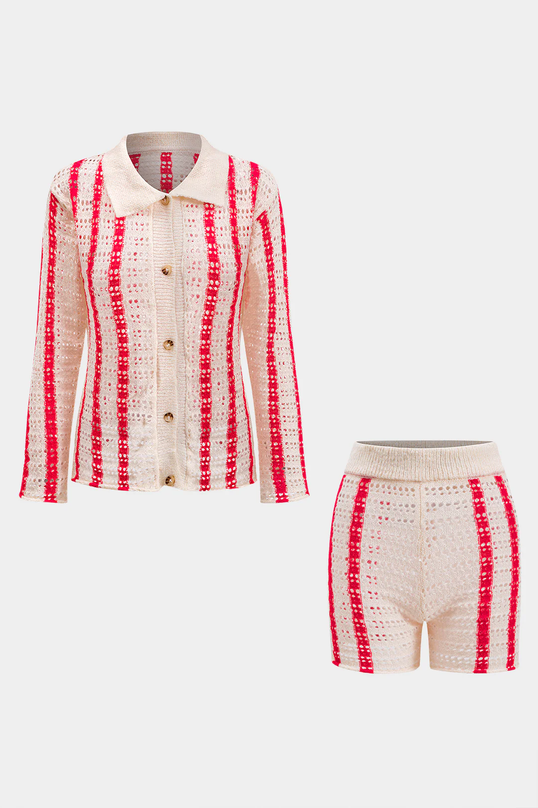 Knit Stripes Print Contrast Button Cut Out Long Sleeve Top And Shorts Set - Flockneti