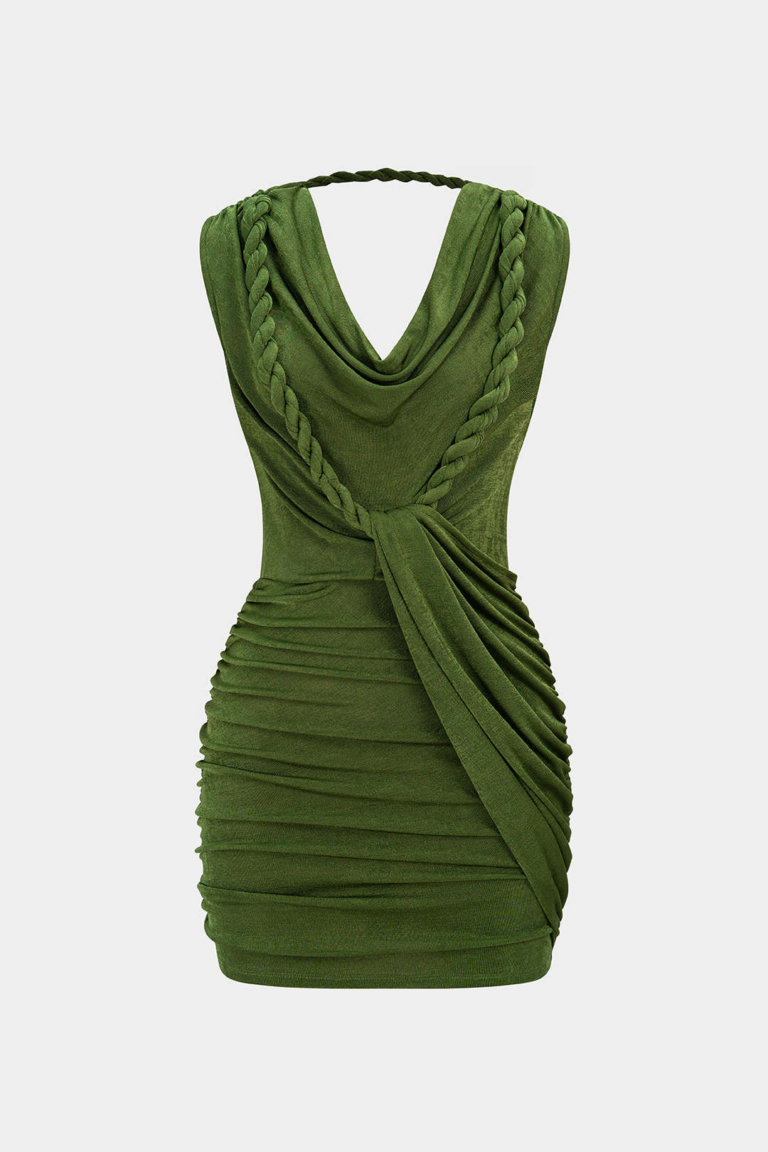 Draped Cowl Neck Twist Knot Asymmetrical Sleeveless Mini Dress - Flockneti