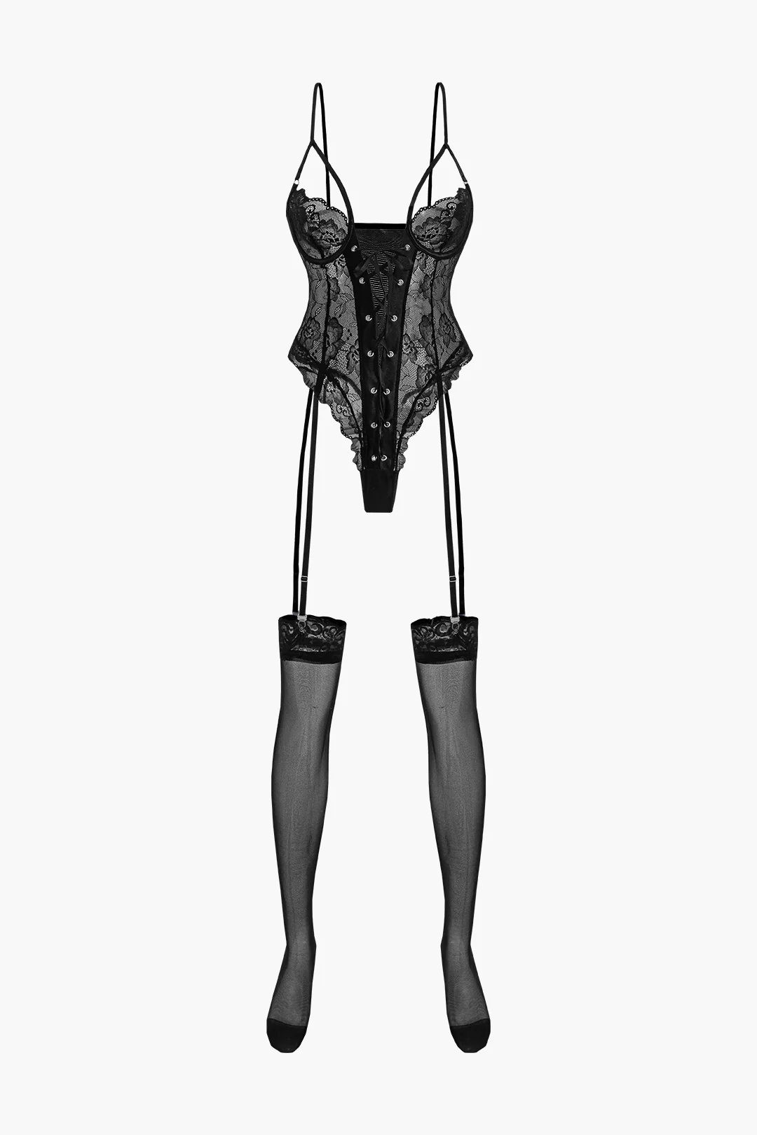 Lace Backless Tie Up Lingerie Garter Set - Flockneti