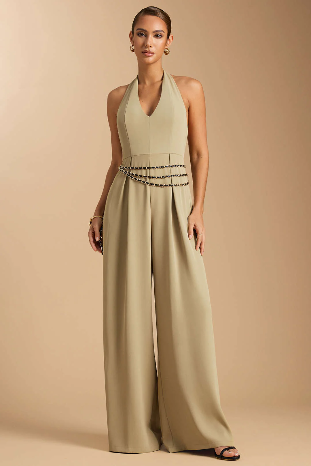 Halter Neck Zipper Tie-Up Chain Backless Sleeveless Jumpsuit - Flockneti