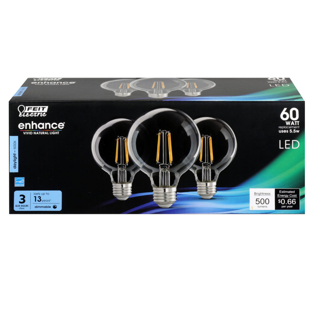 Feit Electric 60W G25 5000K Filament LED Bulb 3pk - Flockneti