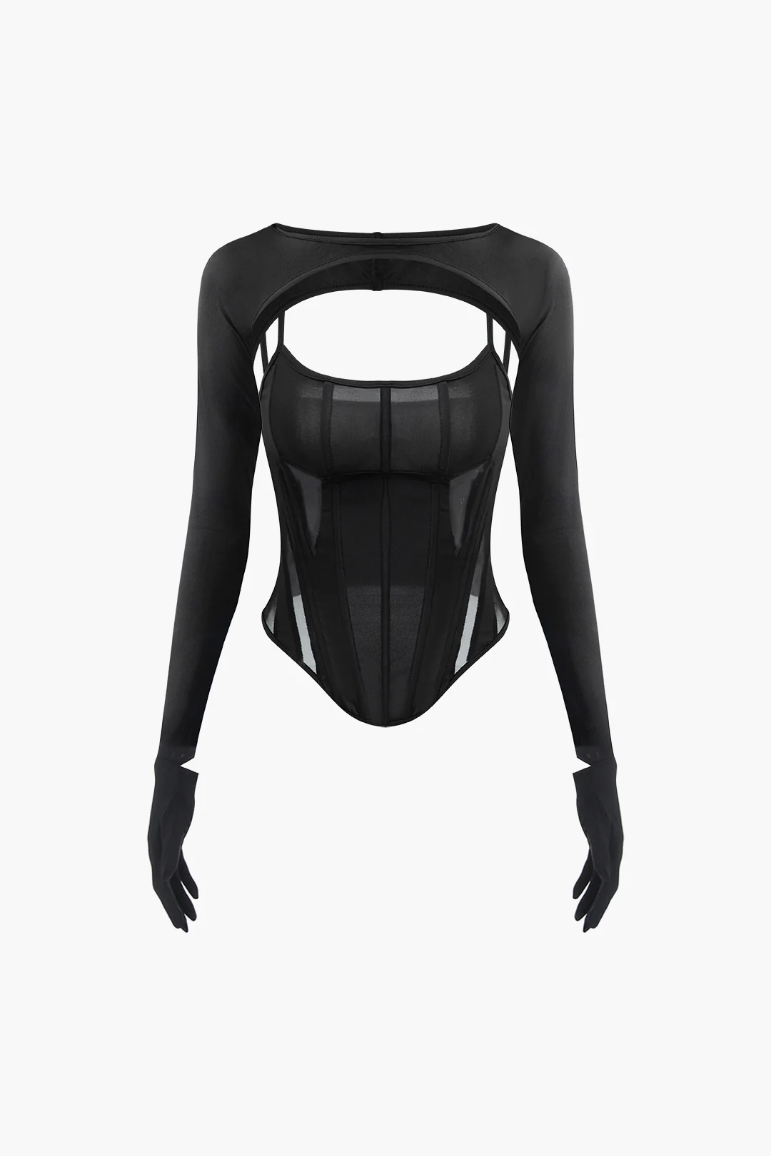Mesh Slip Long-Sleeve Top With Finger Gloves - Flockneti