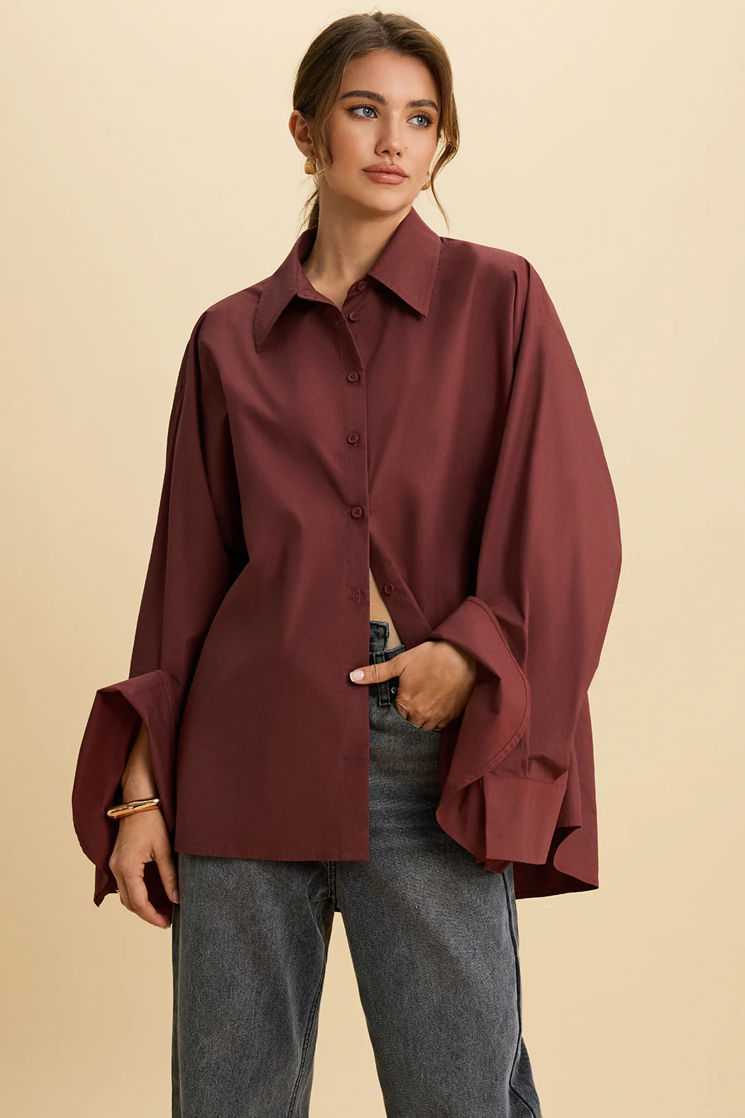 Button Ruffle Long-Sleeve Shirt - Flockneti