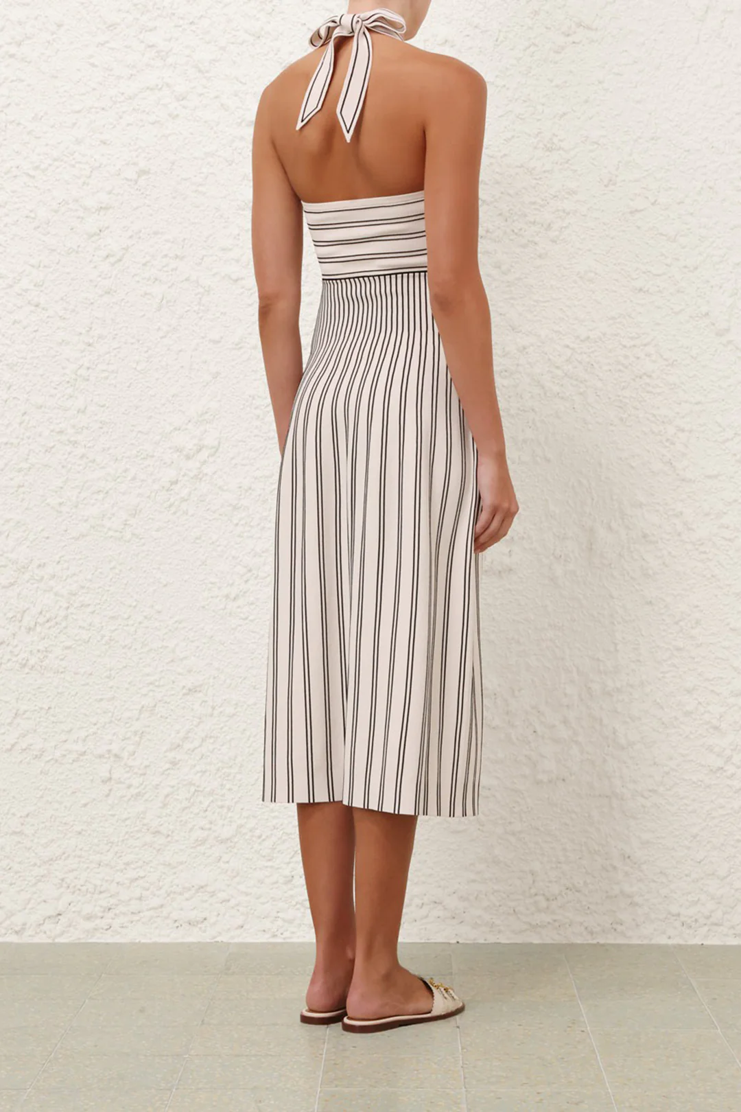 Contrast Stripes Halter Neck Tie Back Twist Knot Sleeveless Midi Dress - Flockneti