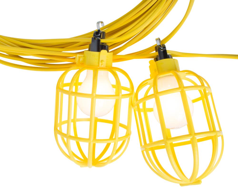 Bergen Industries 50 ft. 14/2 Flat Wire 5-Lamp Plastic Cage Temporary Light Stringer 10 ft. Centers Yellow - Flockneti
