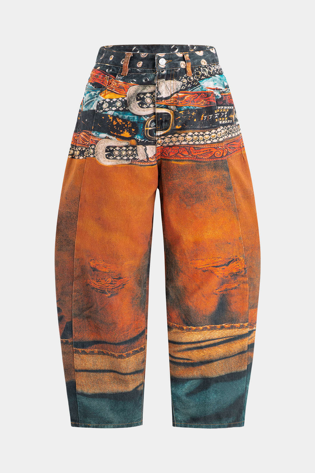 Plus Size Abstract Print Denim Zipper Detail High Waist Barrel Pants - Flockneti