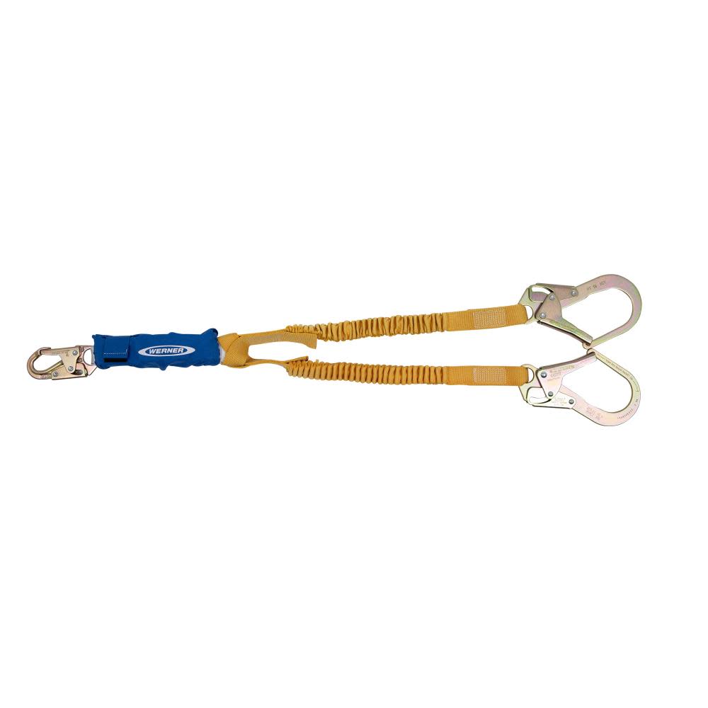 Werner 6ft DeCoil Stretch Twinleg Lanyard (DCELL Shock Pack Elastic Web Snap Hook Rebar Hook) - Flockneti