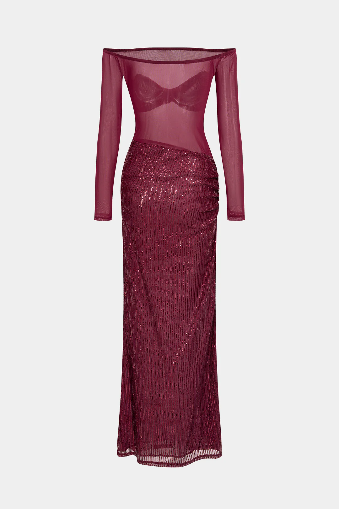 Mesh Patchwork Sequin Off Shoulder Ruched Long Sleeve Maxi Dress - Flockneti