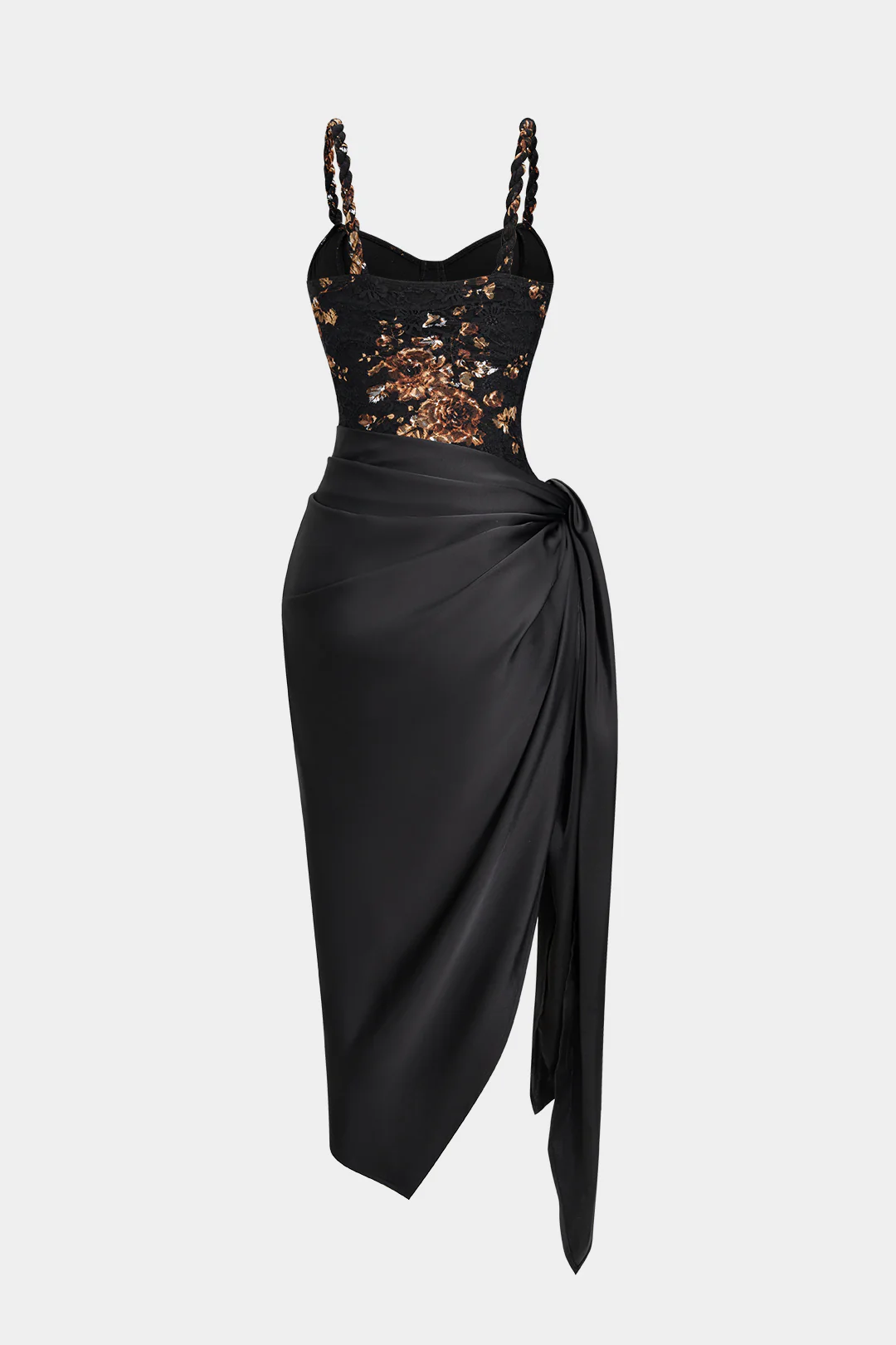 Floral Lace Patchwork Twist Knot Sleeveless Dress And Satin Asymmetrical Tie-Knot Skirt Set - Flockneti