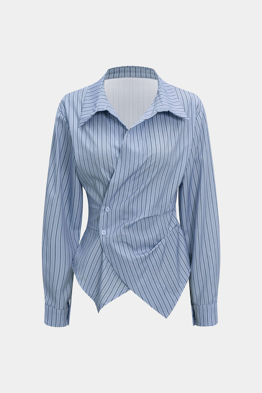 Stripes Print V-Neck Ruched Long-Sleeve Shirt - Flockneti
