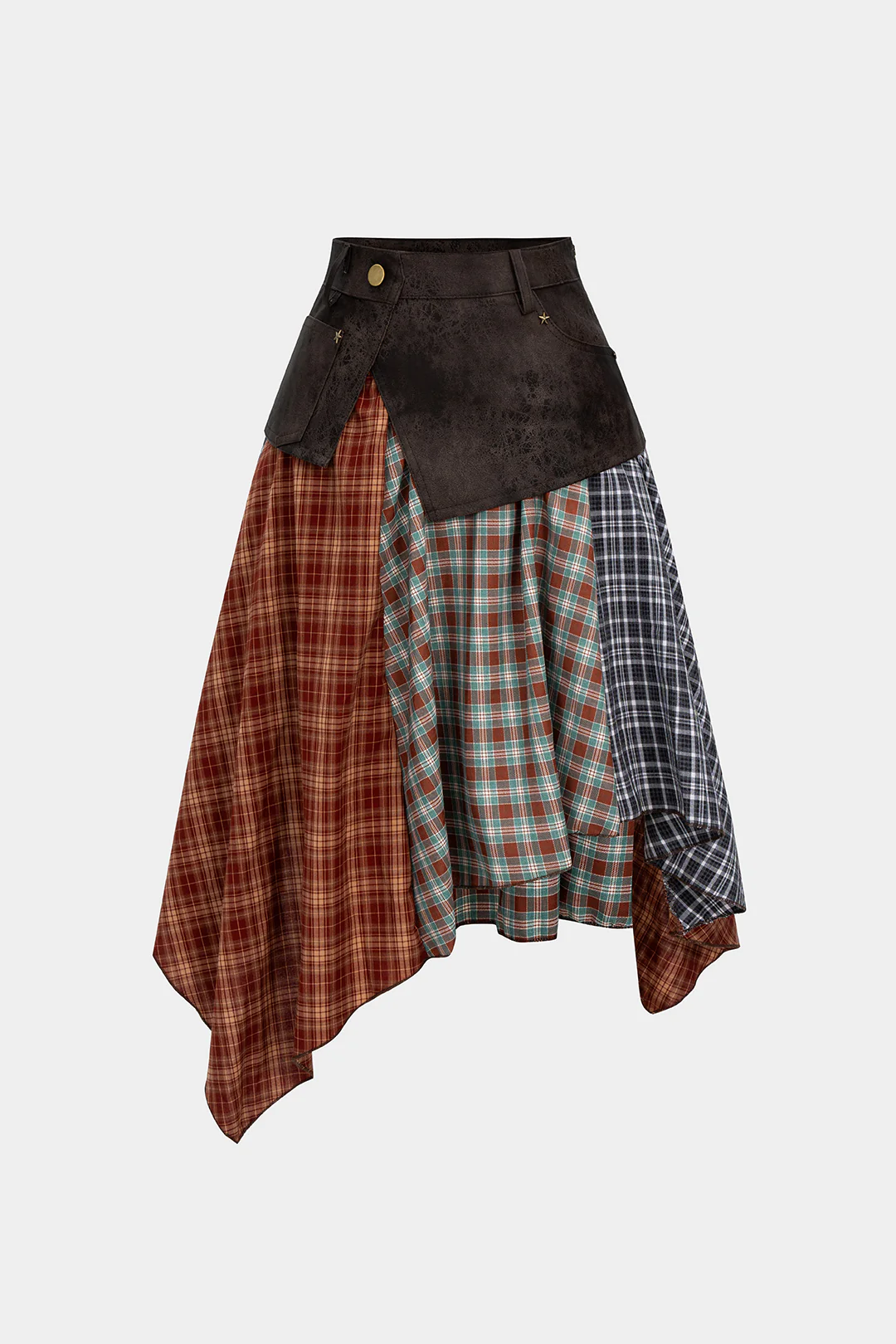 Plaid Contrast Print Faux Leather Patchwork Irregular Hem Skirt - Flockneti