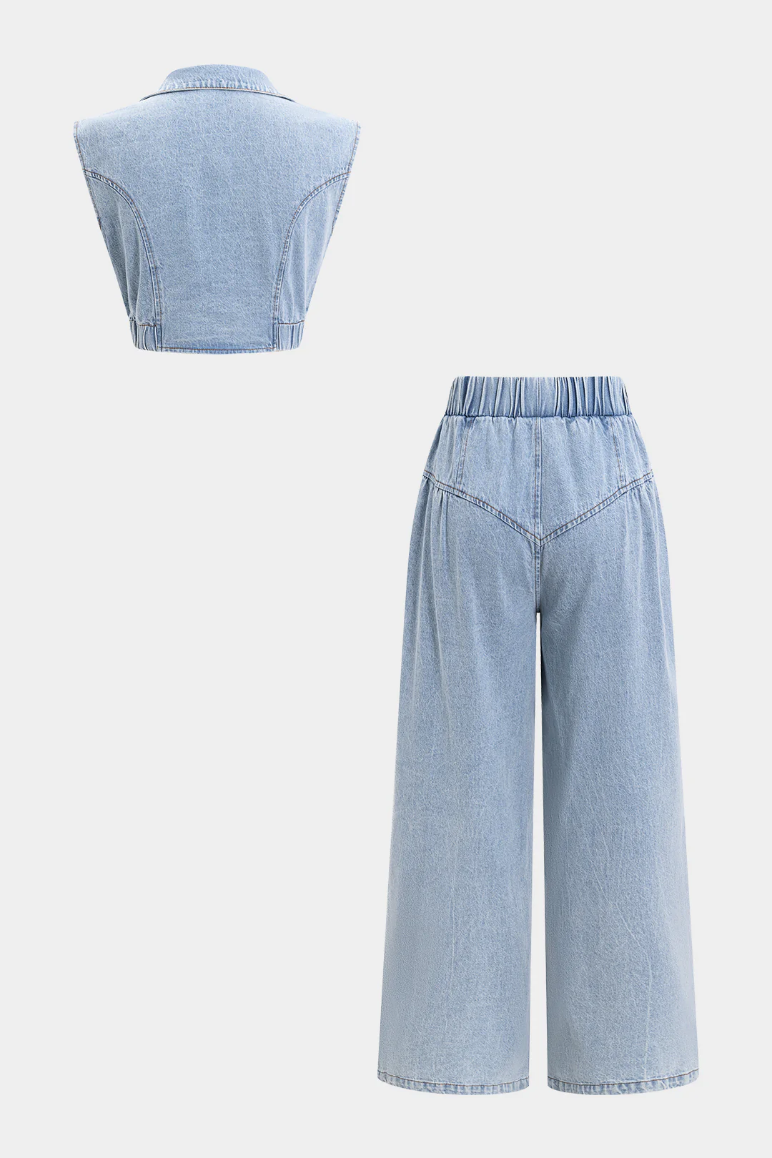 Denim V-Neck Zipper Tank Top And Jeans Set - Flockneti