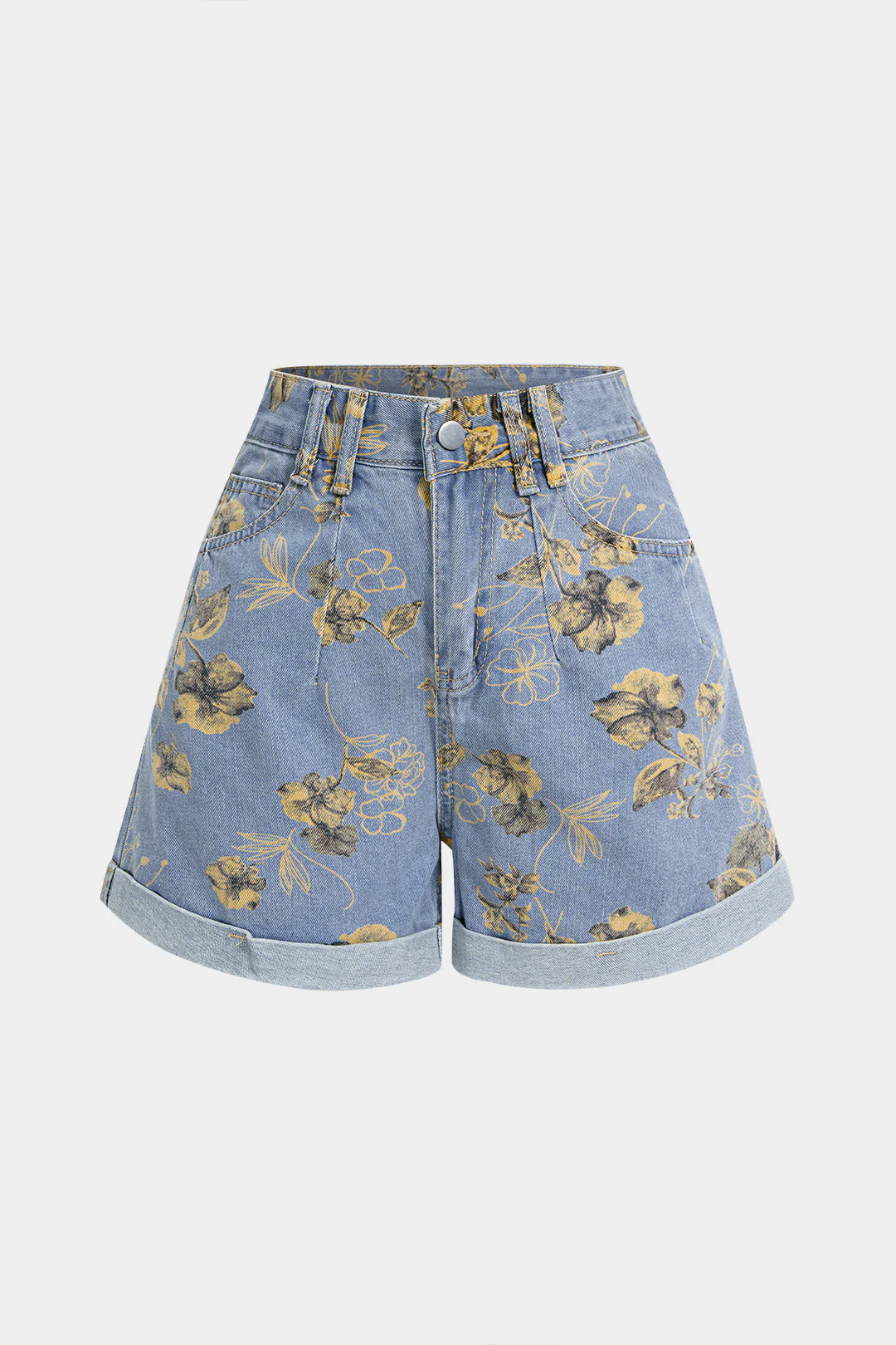 Denim Floral Print High Waist Shorts - Flockneti