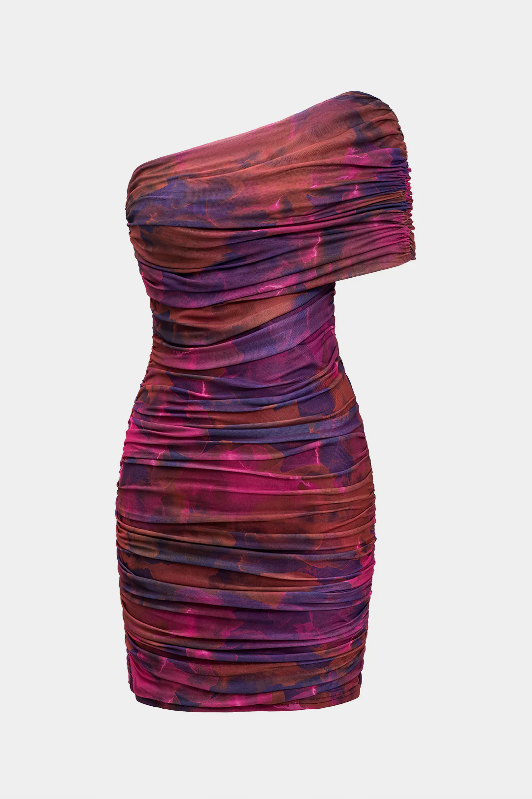 Tie Dye Floral Print Single Shoulder Ruched Sleeveless Mini Dress - Flockneti
