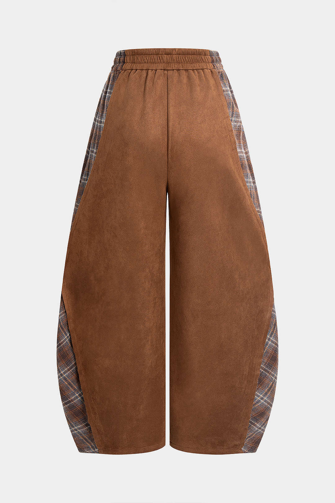 Plaid Print Suede Patchwork Shirred Waistband Pants - Flockneti