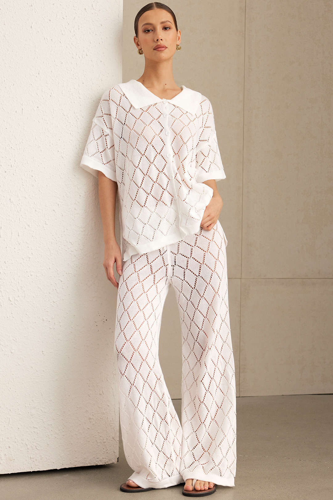 Knit  Cut Out Button Cardigan And Pants Set - Flockneti