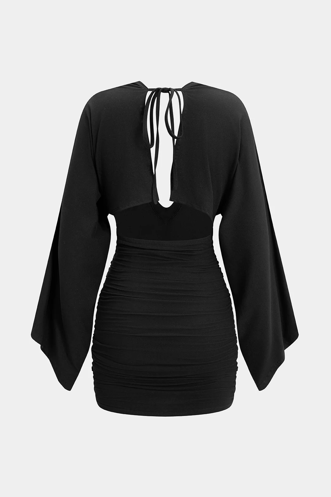 V-Neck Tie Back Backless Batwing Long Sleeve Mini Dress - Flockneti